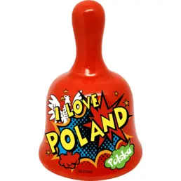 Bell shaped ceramic souvenir fridge magnet (BN) decorated with a high-temperature decal I love Poland